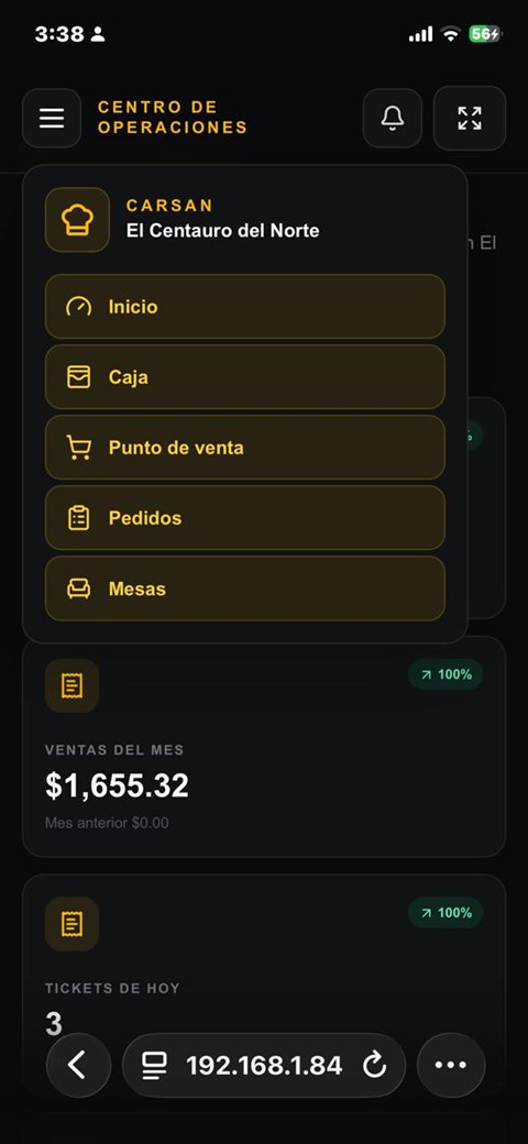 Vista móvil del software para restaurantes con módulos de caja, punto de venta, pedidos y mesas